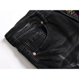 J Shaped Jeans Men's Jeans Straight Hole Colored Mosaic Patchwork Stick-on Crystals