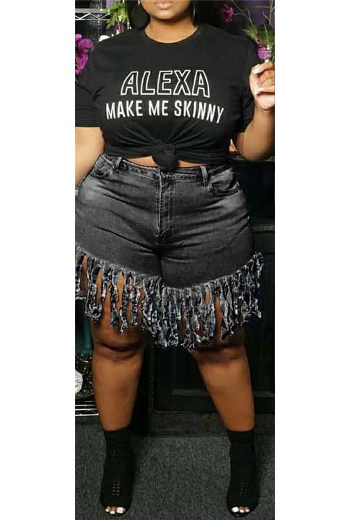 Women Plus Size Denim Shorts Tassel Baggy Denim Shorts
