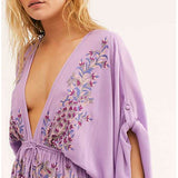 Women Dresses Bohemian Cotton and Linen Embroidered V-neck Embroidered Dress