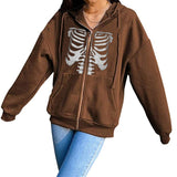 Skeleton Hoodie Autumn Casual Sweatshirt Halloween Skull Print Pullover Double Hooded Top for Women