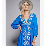 Women Dresses Summer V-neck Cotton and Linen Embroidered Dress
