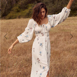 Women Dresses Lantern Sleeve Embroidery Little Flower Split Maxi Dress