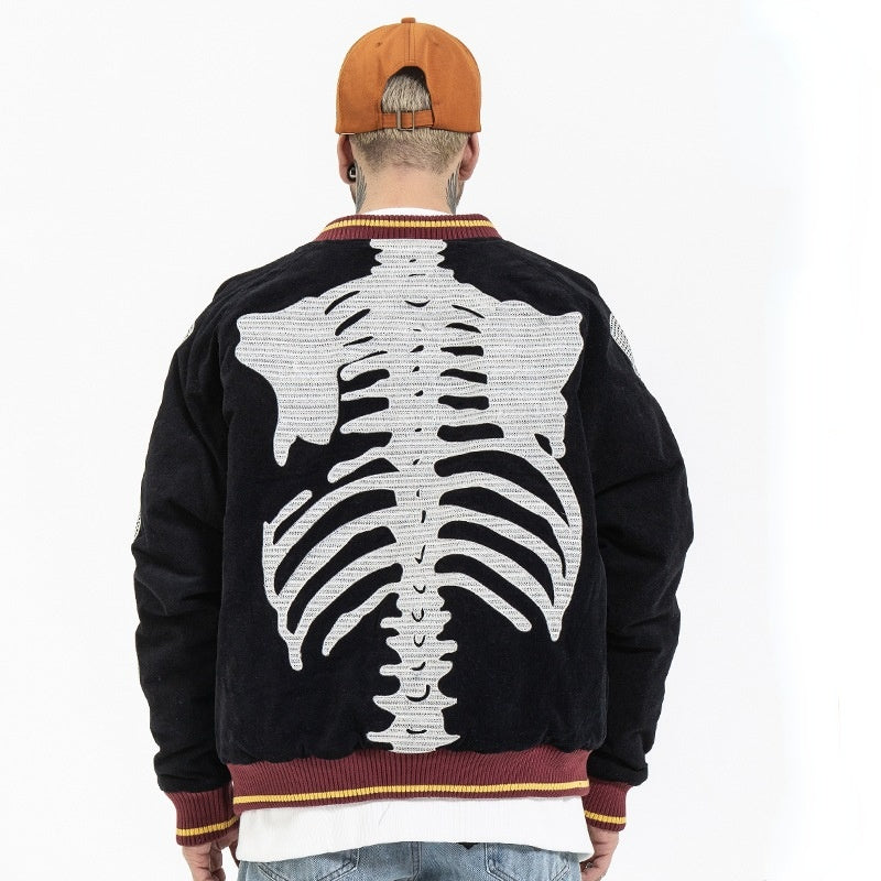 Skeleton Hoodie Vintage Embroidered Velvet Bone Suede Jacket Men's Loose