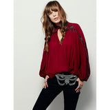 Women Dresses Flower Embroidered V-neck Embroidered Romantic Lantern Sleeve Blouse Top