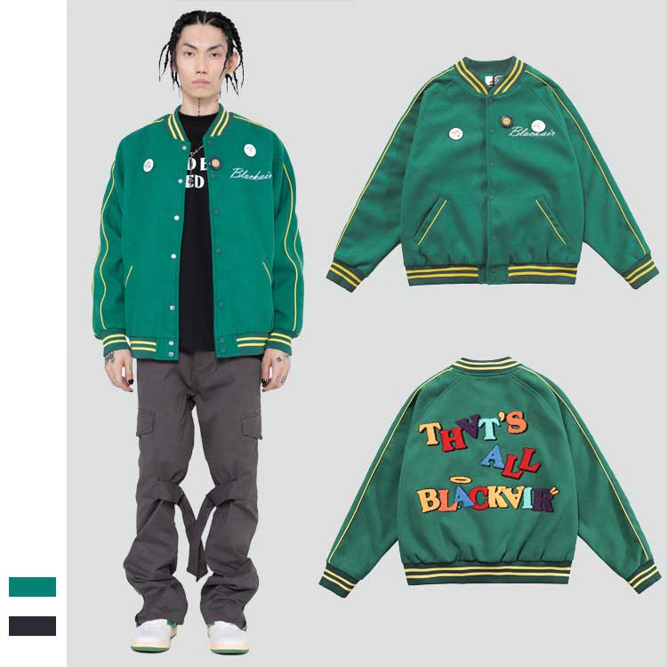 Blackair Jacket Blackair Embroidered Letters Retro Men's and Women's Baseball Jacket