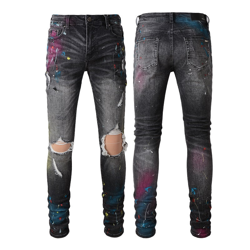 Amiri Jeans Casual Hip Hop Wash Splash-Ink Painted Slim Jeans Casual Fashionable 5636