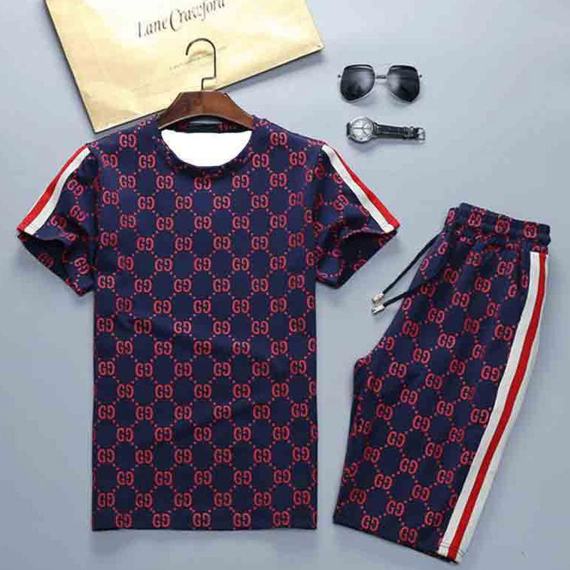 Men's Athletic Tracksuit Summer Printed Casual Suit round Neck Middle Pants