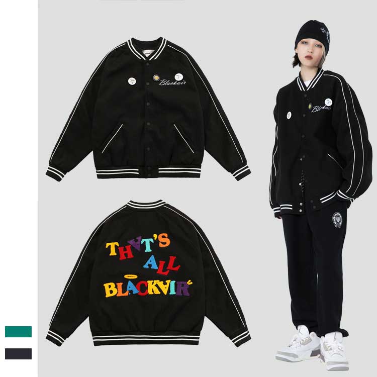 Blackair Jacket Blackair Embroidered Letters Retro Men's and Women's Baseball Jacket