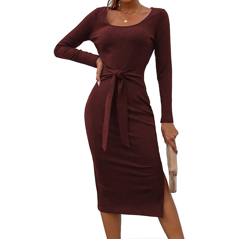 Work Dresses for Girls Autumn and Winter Women's Long Sleeve round Neck Slit Belt Slim Fit Mid-Length Dress