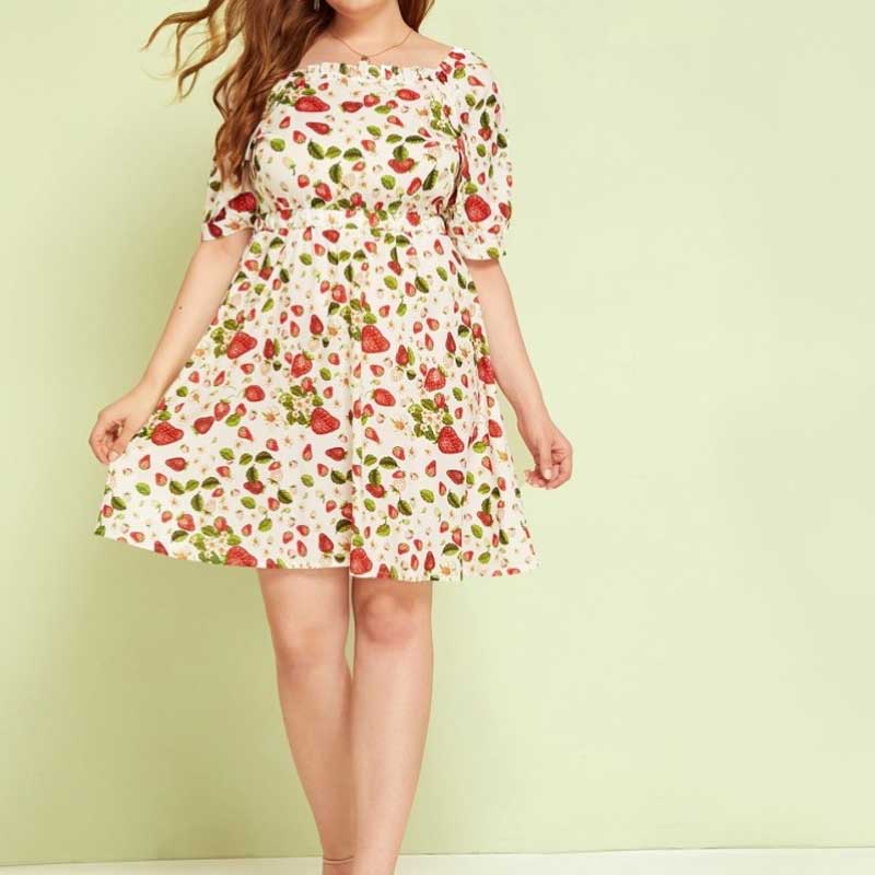 Women Plus Size Mini Dresses Fruit Printed Loose Dress