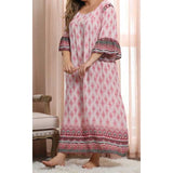 Women Plus Size Maxi Dresses Printed Pink Loose Casual Long Sleeves Dress