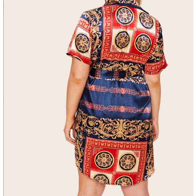 Women Plus Size Mini Dresses Printed Breasted Shirt Dress