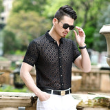 Transparent Shirt for Men Men's Short-Sleeved Shirt Slim Hollow out Embroider Jacket
