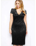 Women Plus Size Midi Dresses Spring/Summer Hollow Out Short Sleeve Sexy V-neck Lace Dress