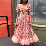 Pink Strawberry Dress Cottagecore Midi Dress Aesthetic Fairycore Dress Prom Dress