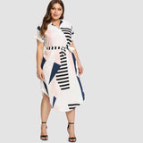 Women Plus Size MIDI Dressesv Collar Loose Short Sleeve Printed Dress