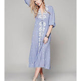 Women Dresses Summer V-neck Cotton and Linen Embroidered Dress