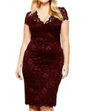 Women Plus Size Midi Dresses Spring/Summer Hollow Out Short Sleeve Sexy V-neck Lace Dress