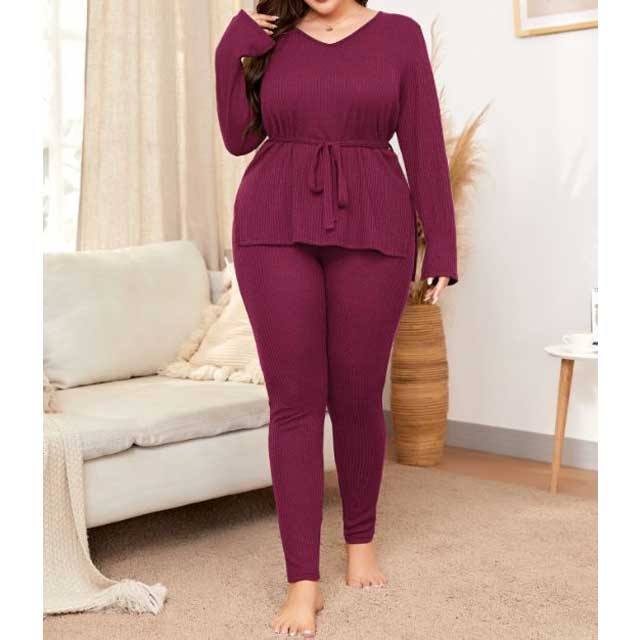 Women Plus Size Co-OrdsV Collar Knit Casual Suit