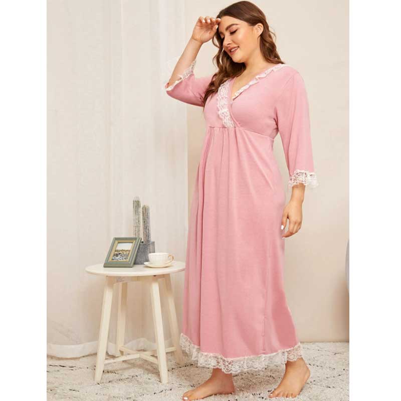 Women Plus Size Maxi Dresses Autumn and Winter Long Sleeve Solid Color Lace Stitching Home Dress