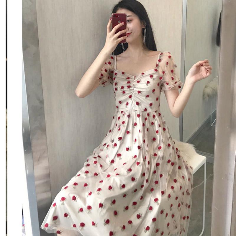 Strawberry Embroidered Mesh Dress Seaside Vacation Beach Dress Swing dress