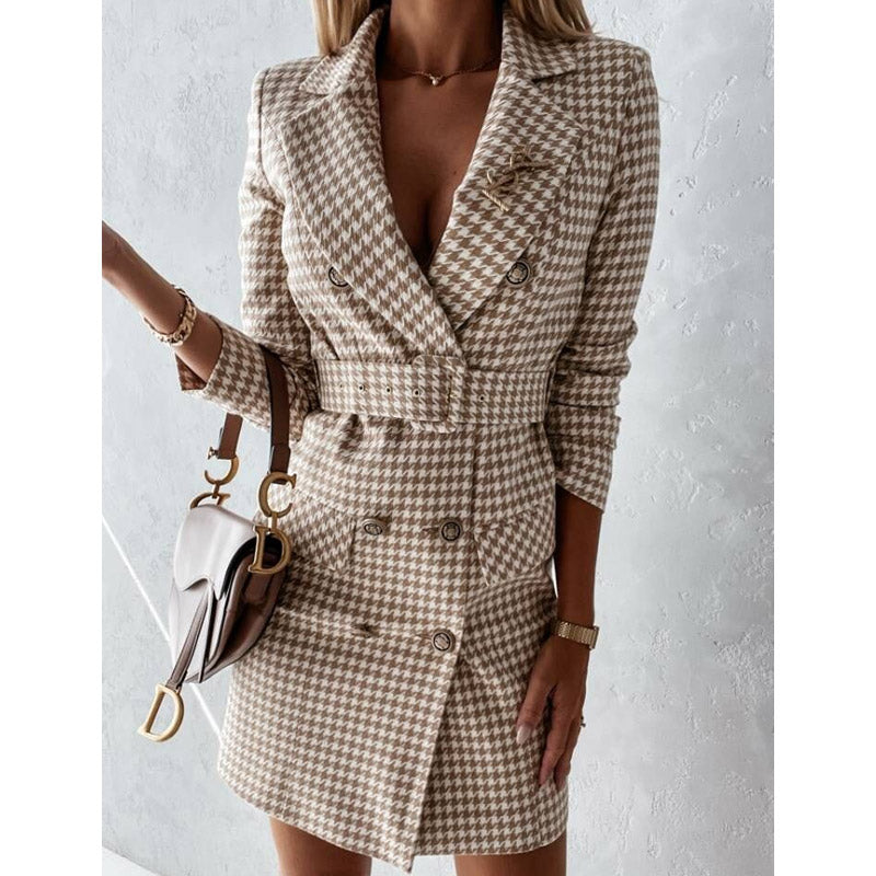 Work Dresses for Girls Autumn and Winter Women's Plaid Belt Double Breasted Business Suit and Dress