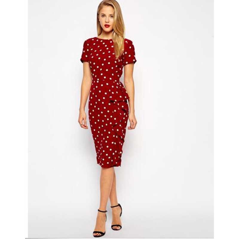 Women Plus Size Midi Dresses Retro Dots Slim Fit Short Sleeves and Dots Pencil Dress