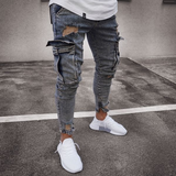 J Shaped Jeans Men's Ripped Jeans Spring and Autumn Casual Slim Fit with Zipper Skinny Pants