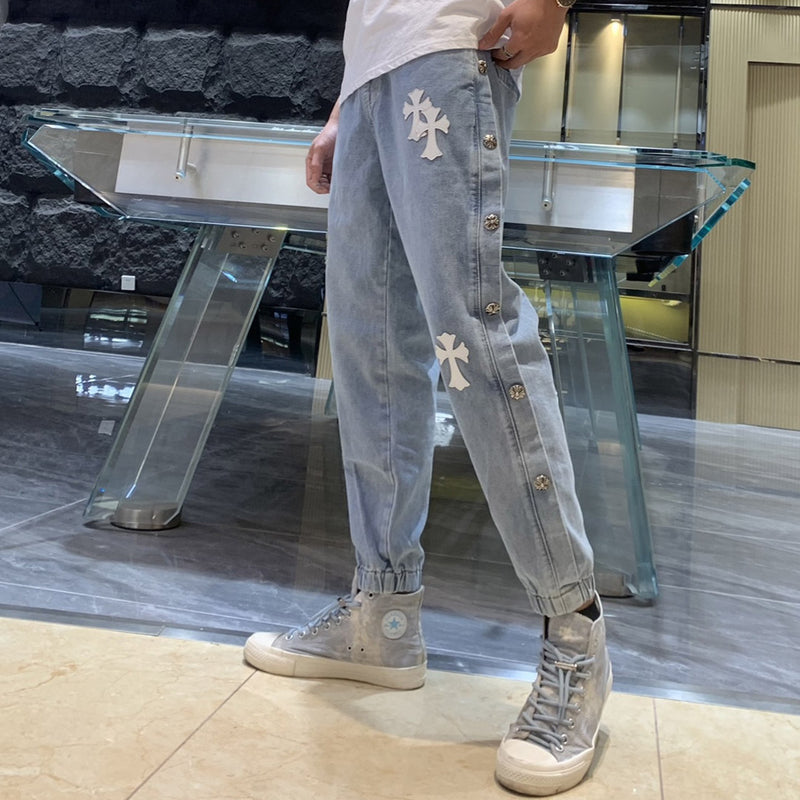 CHH Chrome Heart CHH Spring/Summer Leather Patchwork Metal Buckle Stitching Casual Denim Trousers