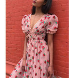 Pink Strawberry Dress Cottagecore Midi Dress Aesthetic Fairycore Dress Prom Dress