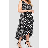 Women Plus Size MIDI Dressesv Collar Black Polka Dot Asymmetric Dress