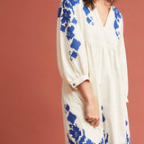 Women Dresses V-neck Embroidered Flower Lantern Sleeve Fashion Dress