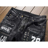 J Shaped Jeans Men's Jeans Ripped Rivet Stitching Ruffle Patch Locomotive