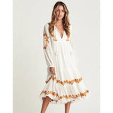 Women Dresses Flower Embroidered Large V-neck Light Cage Sleeve Loose Dress Long Dress
