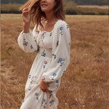 Women Dresses Lantern Sleeve Embroidery Little Flower Split Maxi Dress