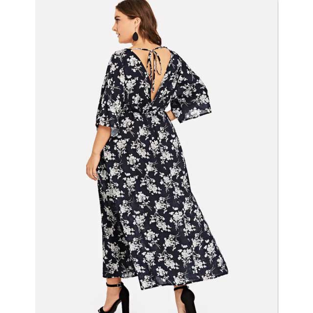 Women Plus Size Maxi Dressesv Collar Backless Short Sleeve Printed Elastic Waist Dress