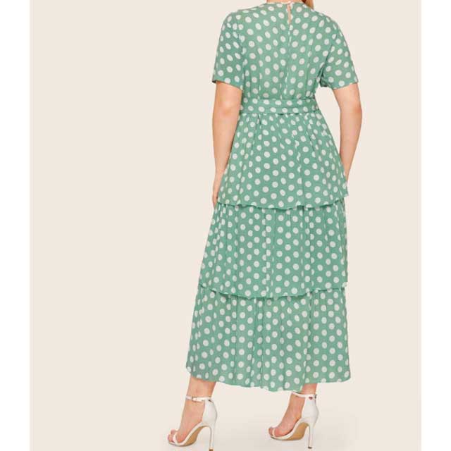 Women Plus Size Midi Dresses Waist Trimming Short-Sleeved Polka Dot Cake Dress