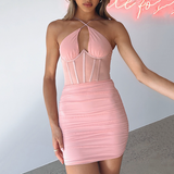 Bella Hadid Dress Halter Fishbone Pleated Backless Sheath Skirt Dress