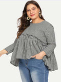 Women Plus Size Tops Plaid Doll Shirt Long Sleeve Round Neck Loose Top