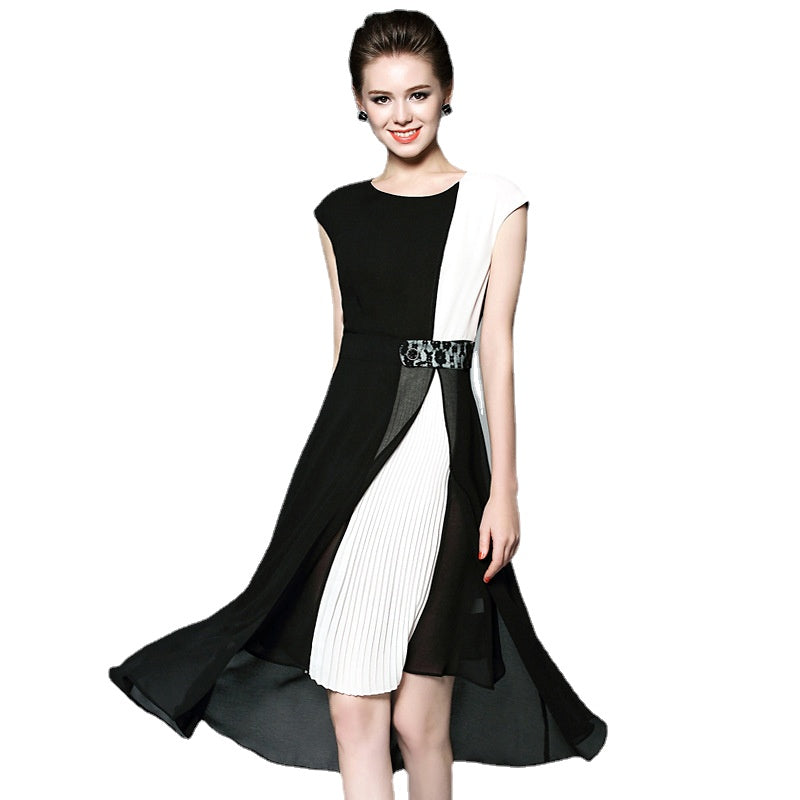 Black and White Dress Summer Chiffon Dress Slim-Fit Midi Dress