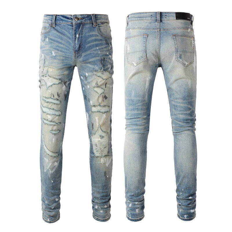 Amiri Jeans Casual Hip Hop Wash Splash-Ink Painted Slim Jeans Casual Fashionable 6530