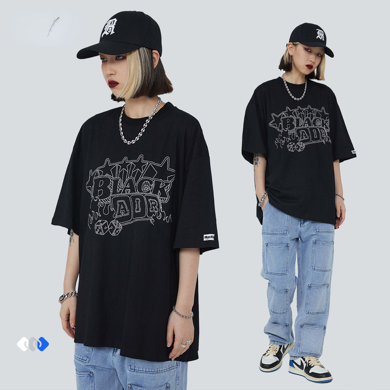 Blackair T Shirt Embroidered Letter T-shirt Loose round Neck Bottoming Shirt