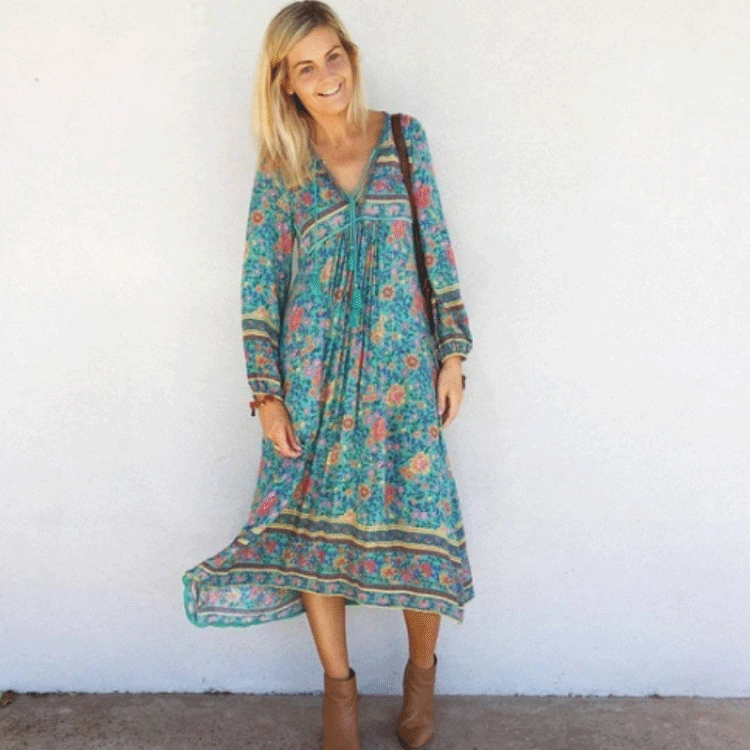 Beth Dutton Bohemian Dress Winter Autumn Midi Dresses Printed Ethnic Dress Beach Dress