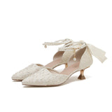 Nude Block Heel Sandals Pearl Chain High Heel Sandals