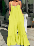 Women Plus Size Pants Suspenders Loose Flared Solid Color Jumpsuit