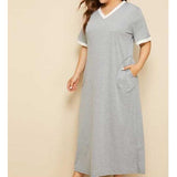 Women Plus Size Maxi Dressesvv Collar Color-Matching Dress