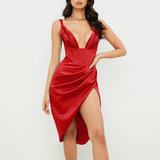 Bella Hadid Dress Satin Fishbone Fold Split Suspender Midi Dress