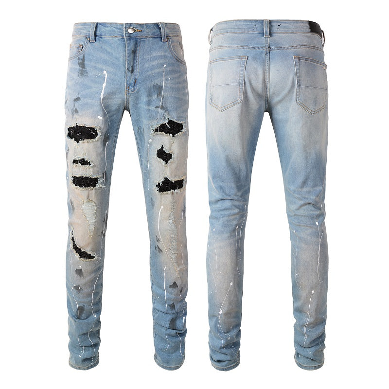 Amiri Jeans Casual Hip Hop Wash Splash-Ink Painted Slim Jeans Casual Fashionable 6523 (=523)