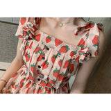 Strawberry Print Strap Chiffon Dress Cottagecore Dress