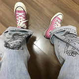 Anime Print Jeans Denim Pants Straight Jeans Loose Cartoon Printed Men's Pants